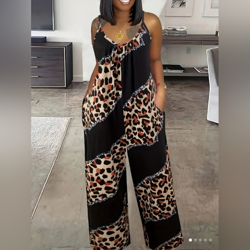 Women's Spaghetti Leopard Casual Wide Leg Jumpsuits with Pockets